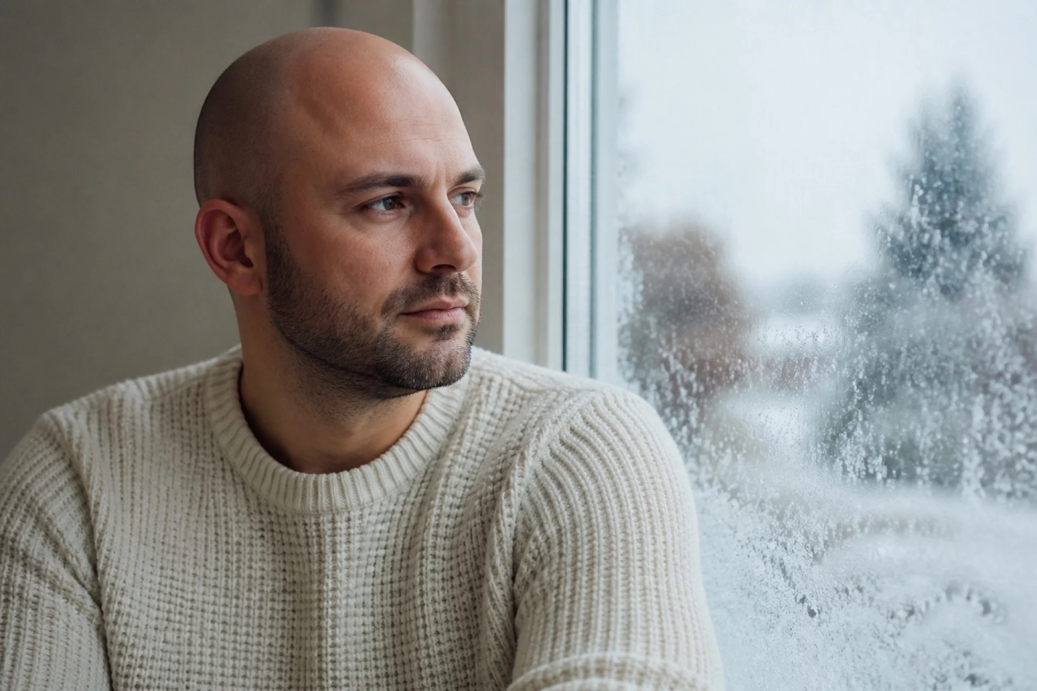 Mann mit Glatze am Fenster im Winterpulli, kühles Tageslicht drinnen